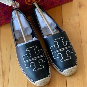 NIB Tory Burch Ines Espadrille Double T Napa Leather Perfect Black/Silver Size 7